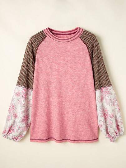 CILKOO 女士圆领插肩袖格子印花休闲宽松衬衫