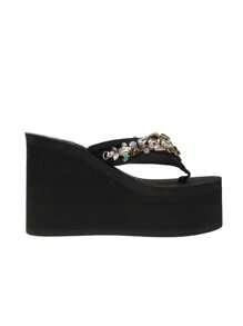 Women Rhinestone Decor Flip Flops, Glamorous Black Polyester Toe Post Flip Flops