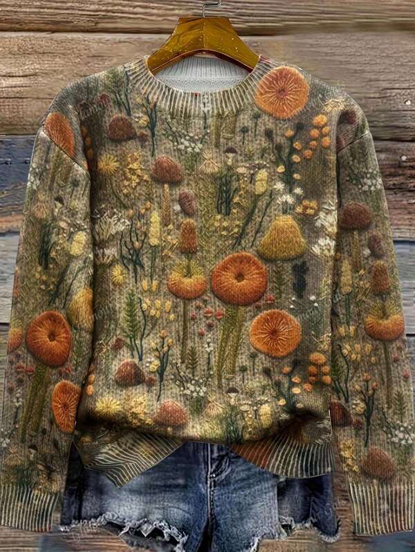 European And American Fashion Floral Print Sweater Casual Long Sleeve Crew Neck Top, Spring And Autumn