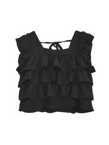 Blus Tanpa Lengan Kerah Ruffle Berlapis-lapis Warna Polos untuk Wanita, Warna Hitam, Cocok untuk Musim Panas - Hitam - View 2