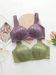 3 Peças Conjunto Sutiã Sem Fio com Fechamento na Frente, Lingerie Feminina Confortável e Respirável