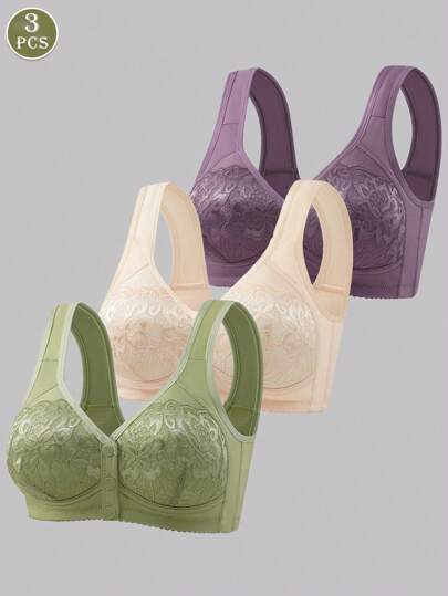 3pcs Set Front Button Closure Wireless Bra, Comfortable & Breathable Ladies Lingerie