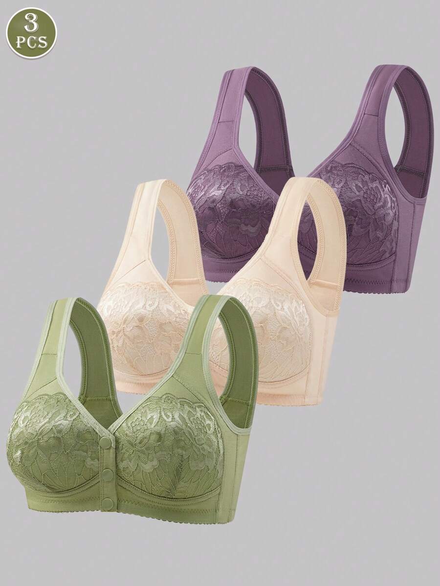 3 Peças Conjunto Sutiã Sem Fio com Fechamento na Frente, Lingerie Feminina Confortável e Respirável