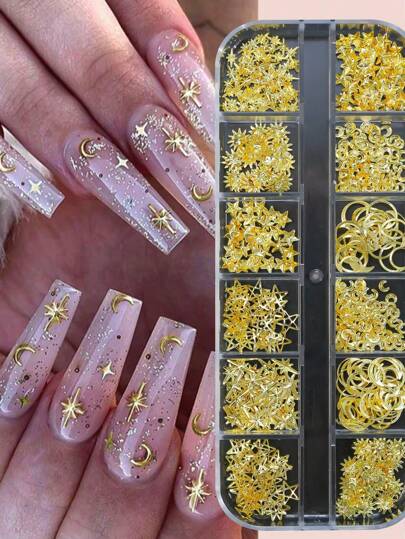 1Box Star, Moon, Heart, Triangle, Square Shaped Metallic Rivets, 3D Gold Punk Nail Art Decorations, 12 Grids Nail Sequins Charms Diy Nail Gems Nail Supplies Nails