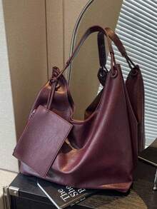 Bộ túi tote 2 món Vintage Mother kèm ví đựng tiền xu, sức chứa lớn, dây đeo vai có thể điều chỉnh, túi đeo chéo thông thường dành cho nữ - Màu Đỏ Sâu - Xem 4