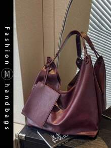 Bộ túi tote 2 món Vintage Mother kèm ví đựng tiền xu, sức chứa lớn, dây đeo vai có thể điều chỉnh, túi đeo chéo thông thường dành cho nữ - Màu Đỏ Sâu - Xem 1