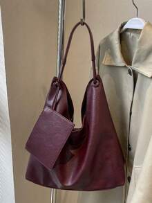Bộ túi tote 2 món Vintage Mother kèm ví đựng tiền xu, sức chứa lớn, dây đeo vai có thể điều chỉnh, túi đeo chéo thông thường dành cho nữ - Màu Đỏ Sâu - Xem 6