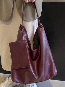 Bộ túi tote 2 món Vintage Mother kèm ví đựng tiền xu, sức chứa lớn, dây đeo vai có thể điều chỉnh, túi đeo chéo thông thường dành cho nữ - Màu Đỏ Sâu - Xem 3