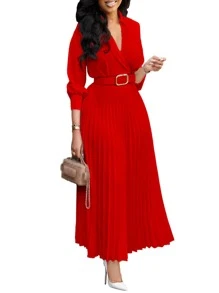 优雅收腰轻盈纯色百褶裙，配腰带，复古风格女装，适合秋冬季节、正式场合、婚礼、返校节、生日、教师装等。 - 紅色 - 查看 3