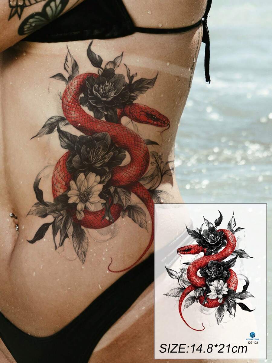 1 件彩色蛇与大牡丹花手臂/背部/腹部/大腿临时防水纹身贴纸