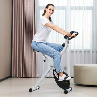  SPORTNOW Folding Exercise Bike, Quiet Stationary Bike With 8-Level Magnetic Resistance, Heart-Rate Sensor, Adjustable Seat And Wheels For Home Gym Workout, Black And White