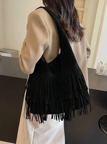 Bolso de hombro de gran capacidad con flecos de unicolor para dama, otoño 2024 - Negro - Ver 5