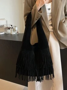 Bolso de hombro de gran capacidad con flecos de unicolor para dama, otoño 2024 - Negro - Ver 4