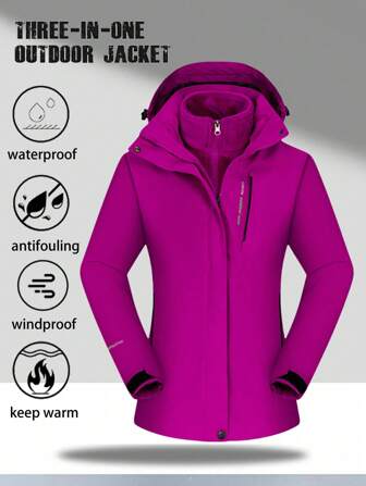 1set Women's Outdoor Sports Mountain Climbing Skiing Hiking Camping Windproof Waterproof Thermal Lined 3-In-1 Jacket And Plush Sweater,Fleece,Skiing
