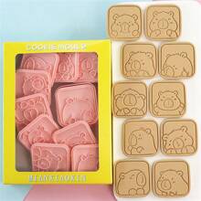 10pcs Capybara & Various Expression Cartoon Cookie Cutter Mold, 3D Press Biscuit Mold, Fondant Baking Tool Set - Pink - View 1