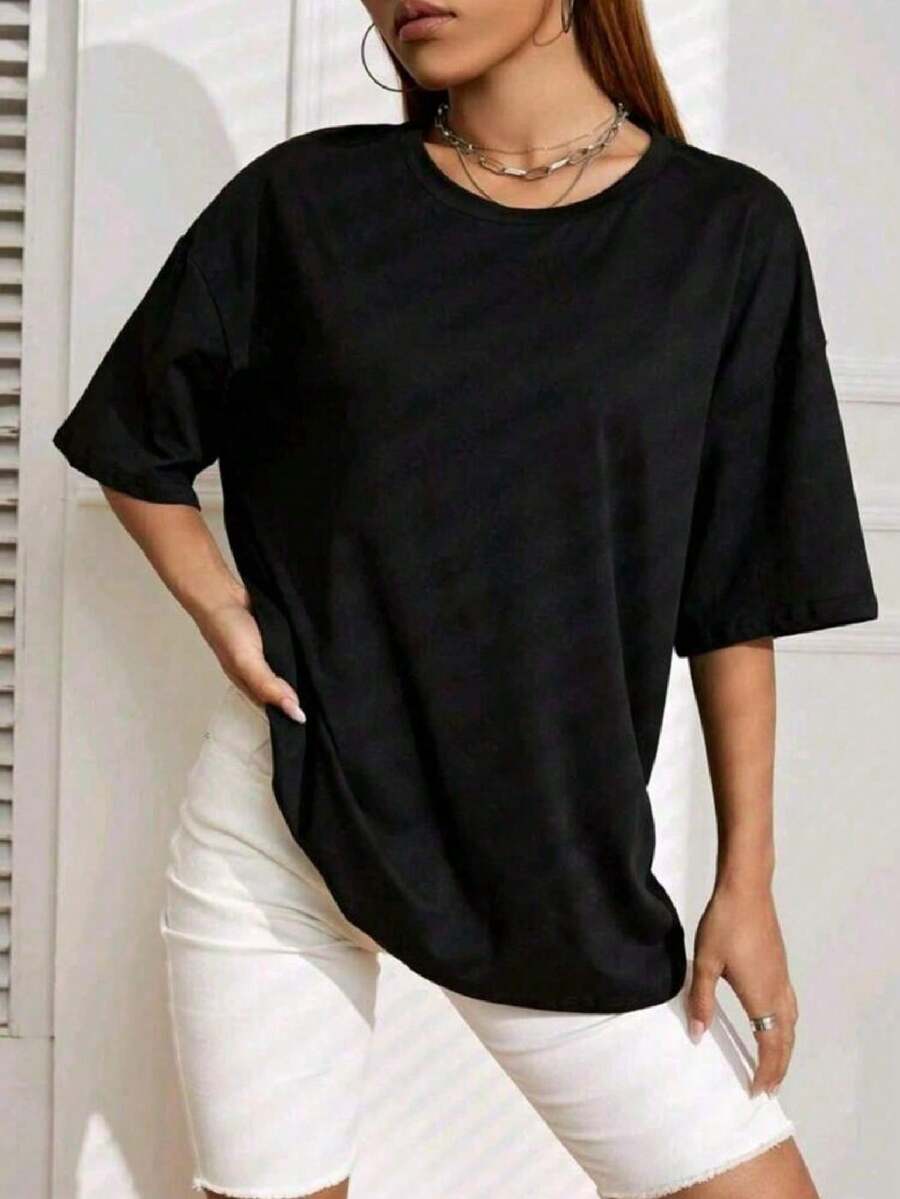 Women's Basic Slim T-SHIRT Cotton Shirt Various Colors Promotion - 黑色 - 查看 1