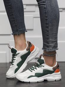 女士秋冬拼色舒适厚底运动鞋，休闲运动鞋系带白绿拼色皮革和网眼透气休闲轻便户外健身跑步鞋，度假鞋，情侣鞋 - 黑色 - 查看 1