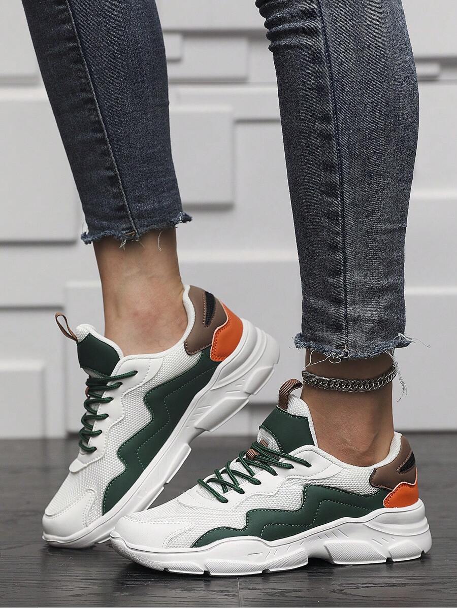 女士秋冬拼色舒适厚底运动鞋，休闲运动鞋系带白绿拼色皮革和网眼透气休闲轻便户外健身跑步鞋，度假鞋，情侣鞋 - 黑色 - 查看 1