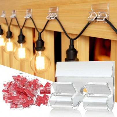 50 件 - 户外灯串挂钩，带粘合条 - 防水、防紫外线、无损坏、免工具安装，适用于圣诞节、露台、花园阳台装饰、悬挂用电缆固定器