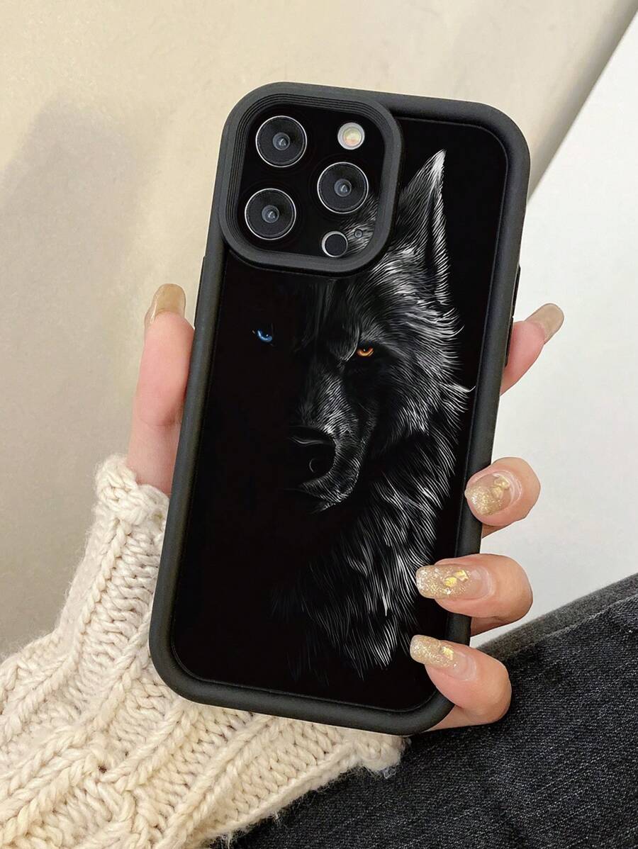 1pc Half-Face Wolf Design Camera Protective Shock-Proof Black Phone Case Compatible With IPhone 11 Pro Max, 12 Pro Max, 13 Pro Max, 14 Pro Max, 15 Pro Max, 16 Plus, 16 Pro Max, Redmi, OPPO/Realme, VIVO, Infinix, Honor, MOTO, OnePlus Waterproof Anti-Fall Scratch Resistant - Black - View 1