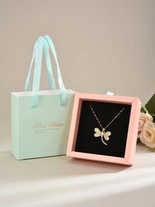 1 件礼盒装全水晶莱茵石蜻蜓不锈钢项链，奢华女士款 - 金色 - 查看 15