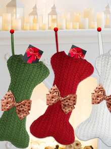 Christmas Stocking Knit Christmas Decorations Stockings Bone Shape Bowknot Hanging Stocking Holiday Christmas Party Family Decor