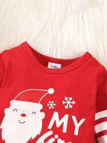 3 件套男婴圣诞老人印花长袖上衣和条纹裤和帽子 3 件套服装 - 紅色 - 查看 4