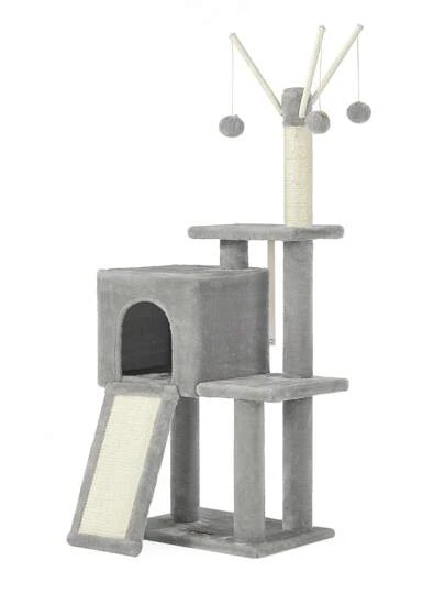  Feandrea Árbol para Gatos, Torre de juegos, Gatitos, con 3 Postes y Cueva, Gris Claro