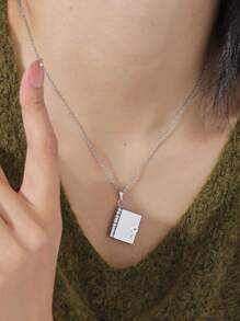 Customized Stainless Steel Couple's Book Pendant Necklace, Multi-Page Book Necklace, Customized Heart Shape Text Sweater Necklace For Women - Silver - View 3