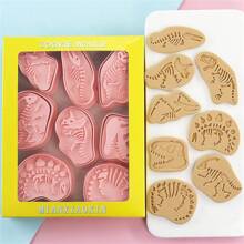 8pcs Dinosaur Fossil Cookie Cutter Set, Cartoon Jurassic Dinosaur Skeleton Shaped 3D Stamp Baking Mold Tools - Pink - View 3