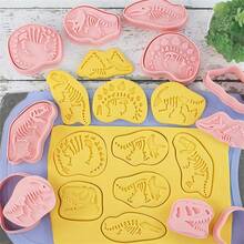 8pcs Dinosaur Fossil Cookie Cutter Set, Cartoon Jurassic Dinosaur Skeleton Shaped 3D Stamp Baking Mold Tools - Pink - View 9