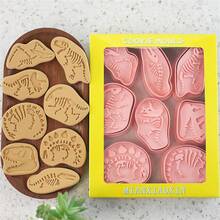 8pcs Dinosaur Fossil Cookie Cutter Set, Cartoon Jurassic Dinosaur Skeleton Shaped 3D Stamp Baking Mold Tools - Pink - View 7
