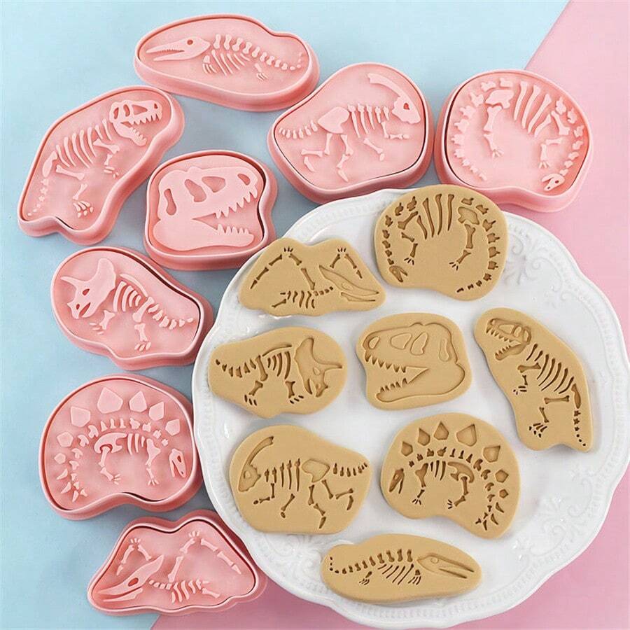 8pcs Dinosaur Fossil Cookie Cutter Set, Cartoon Jurassic Dinosaur Skeleton Shaped 3D Stamp Baking Mold Tools - Pink - View 1