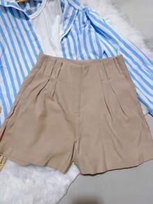Women's Plain Marrant Shorts With Belt - Khaki - View 2