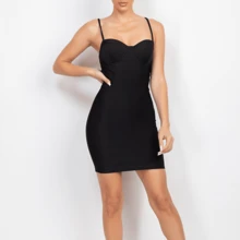 Plain Fitted Dress With Sweetheart Neckline - Black - View 5