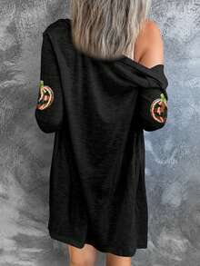 Sequined Halloween Grimace Graphic Button Front Long Sleeve V Neck Cardigan - Black - View 2