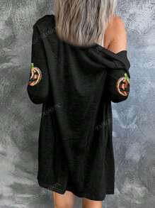 Cardigan à manches longues, col en V, boutonnage devant avec motif grimace Halloween pailleté