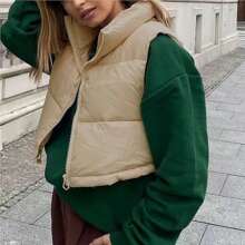 Women Winter Cropped Puffer Vest Lightweight Sleeveless Warm Stand Neck Zipper Outerwear Casual Jacket