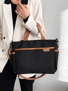 纯色手提包日式便当包男女通勤简约时尚手拿电脑包斜挎包 - 黑色 - 查看 2