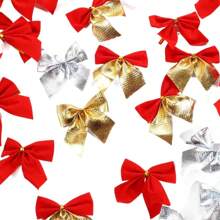 12pcs Red /Gold /Silver Christmas Bows Hanging Decorations Bowknot Christmas Tree Ornaments New Year Xmas Party Gift Decor Non-Woven Lightweight Ornaments Birthday