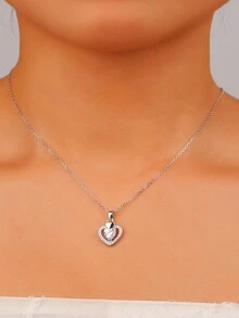 1 chiếc vòng cổ mặt trái tim thời trang tối giản bằng bạc Sterling 925 mạ bạch kim, dây chuyền trang trí bằng đá Zirconia thanh lịch, thích hợp làm quà tặng ngày lễ, trang phục hàng ngày và đi nghỉ cho phụ nữ ngày lễ tình nhân - Bạc - Xem 5