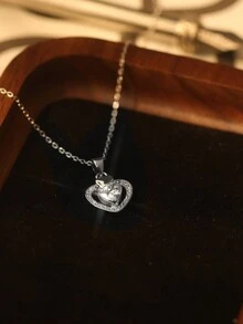 1 chiếc vòng cổ mặt trái tim thời trang tối giản bằng bạc Sterling 925 mạ bạch kim, dây chuyền trang trí bằng đá Zirconia thanh lịch, thích hợp làm quà tặng ngày lễ, trang phục hàng ngày và đi nghỉ cho phụ nữ ngày lễ tình nhân - Bạc - Xem 7