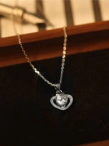 1 chiếc vòng cổ mặt trái tim thời trang tối giản bằng bạc Sterling 925 mạ bạch kim, dây chuyền trang trí bằng đá Zirconia thanh lịch, thích hợp làm quà tặng ngày lễ, trang phục hàng ngày và đi nghỉ cho phụ nữ ngày lễ tình nhân - Bạc - Xem 6