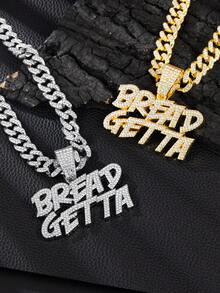 全新冰晶双排“BREAD GETTA”吊坠项链，不锈钢链，男女通用时尚派对珠宝配饰 - 多款 - 查看 1