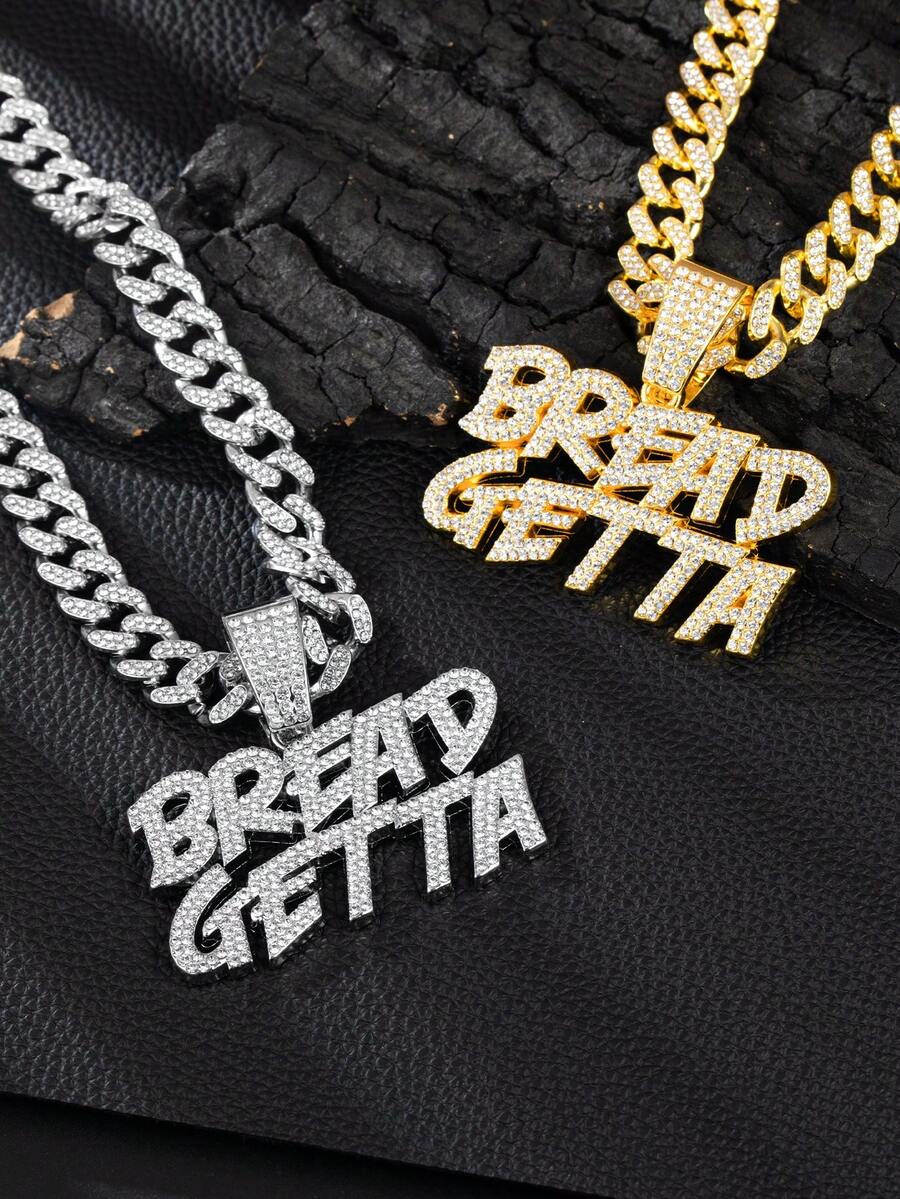 全新冰晶双排“BREAD GETTA”吊坠项链，不锈钢链，男女通用时尚派对珠宝配饰 - 多款 - 查看 1