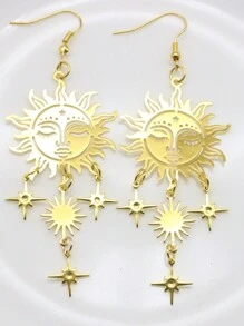 1 对复古金色太阳女神耳环，波西米亚手工吻太阳脸抗火镂空星形图案吊坠耳环垂坠嬉皮波西米亚风格耳饰女巫珠宝适合女士女孩日常佩戴 - 金黃色 - 查看 3