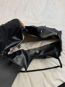 高品质简约纯色时尚潮流大容量单肩包，日常实用多功能通勤购物手提包，小巧设计感十足复古优雅女士手提包 - 黑色 - 查看 9