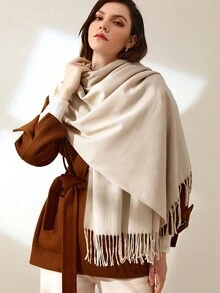 1条女士30*180厘米纯色米色流苏仿羊绒保暖百搭小号长围巾，简约优雅冬季围巾披肩，适合日常使用 - 米色 - 查看 10
