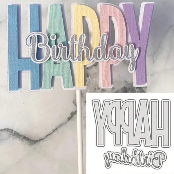 1 molde de corte de metal con flor gris y texto "Feliz Cumpleaños", adecuado para manualidades de scrapbooking y tarjetas - Plantilla decorativa de relieve