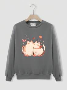 女孩可爱猫咪图案灰色连帽衫，温暖羊毛衬里，休闲宽松落肩运动衫 - 灰色 - 查看 1